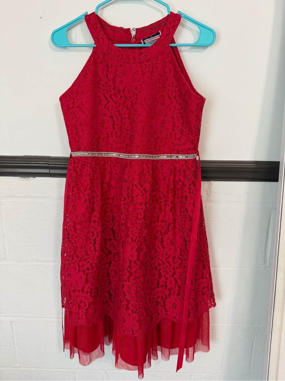 Girls Red Lace Halter Dress with Sparkle Waist
